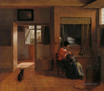 Interior con una madre despiojando el cabello de su hijo conocido como género Deber de la madre Pieter de Hooch Pinturas al óleo